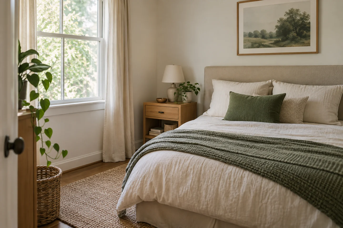 Illustrative bedroom with bedside storage and a clear route beside the bed.