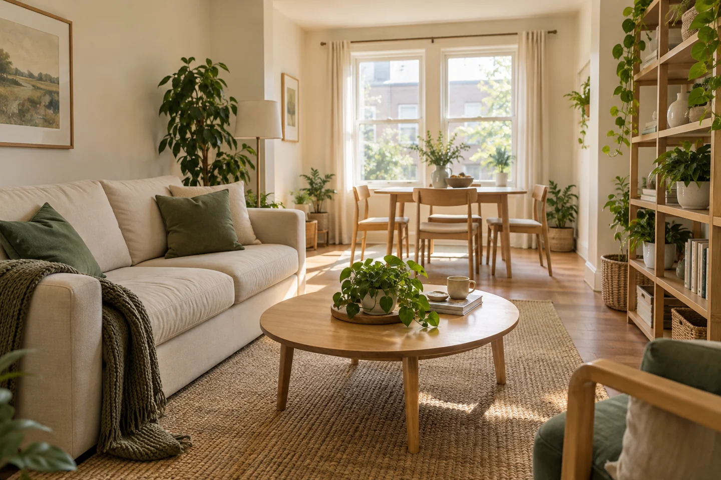 Illustrative compact living room with open shelving, a sofa and a dining nook.