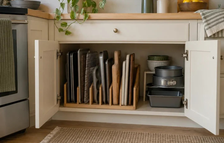Baking sheets and cutting boards stored upright in divided cabinet slots