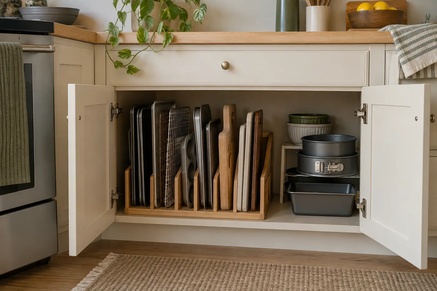 Baking sheets and cutting boards stored upright in divided cabinet slots