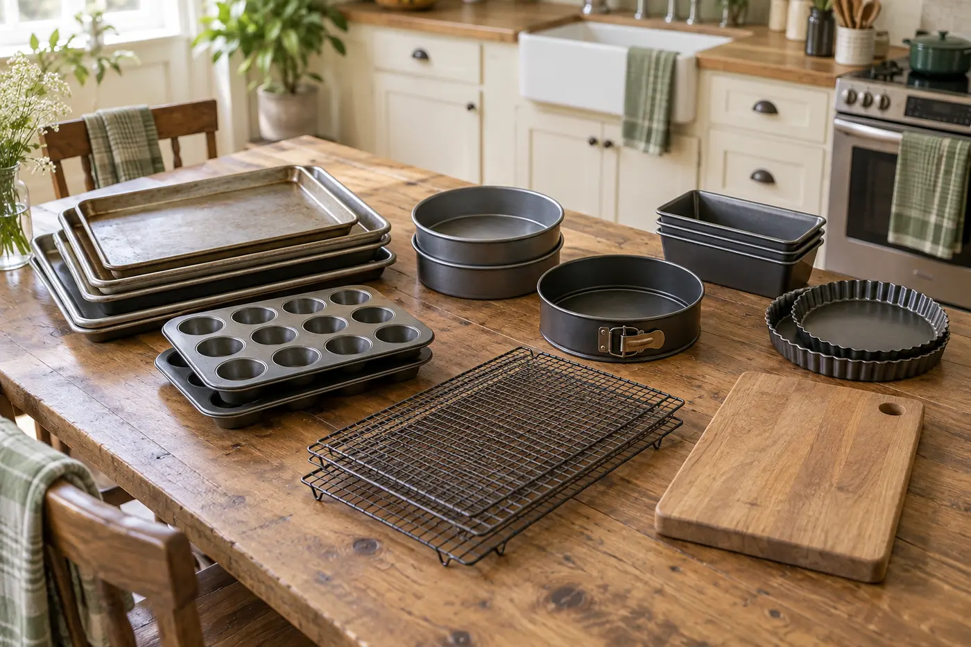 Baking sheets cake tins cooling racks and muffin pans grouped on a kitchen table