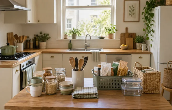 Kitchen items grouped on a table for a calm decluttering session