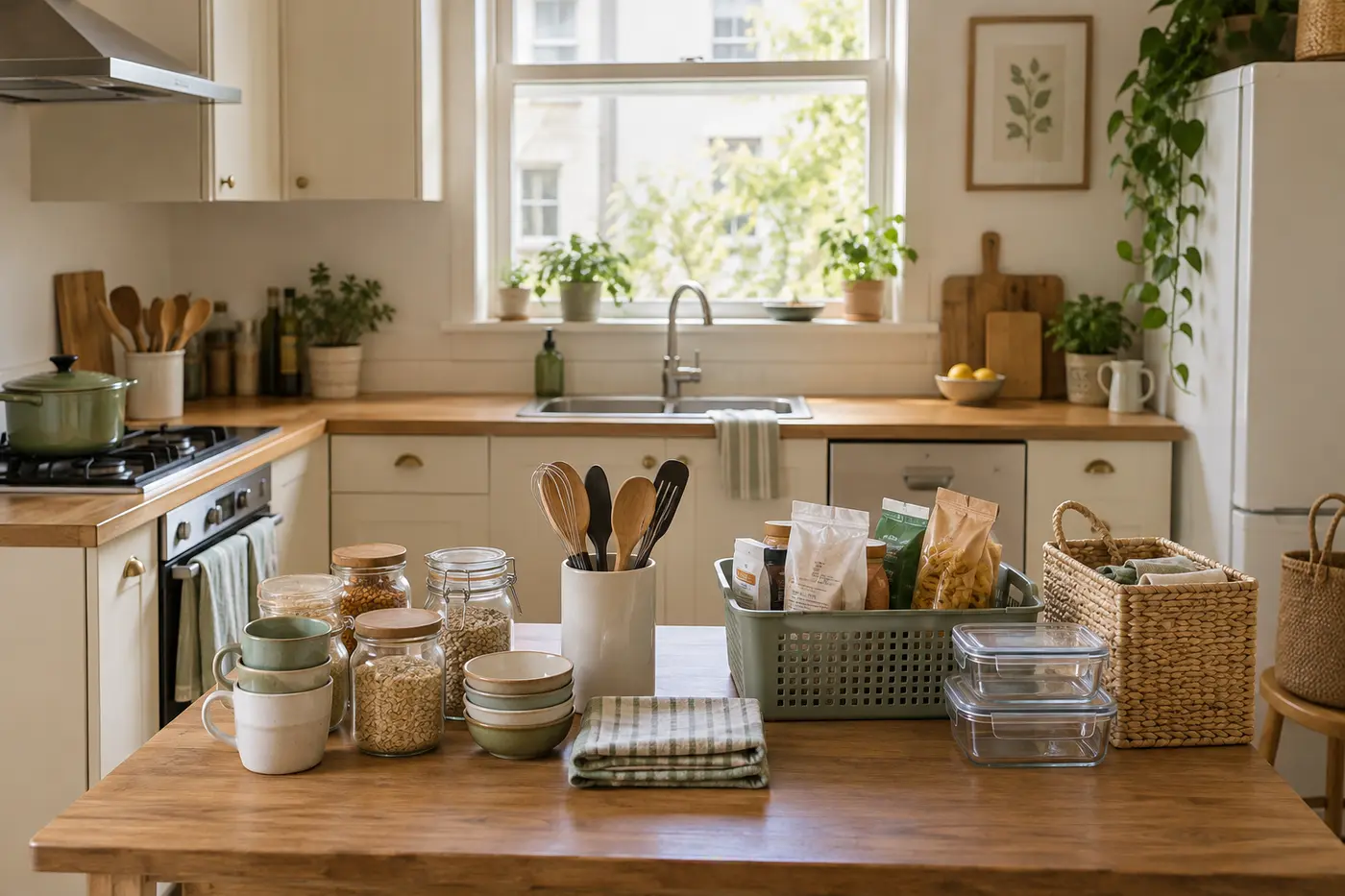 Kitchen items grouped on a table for a calm decluttering session
