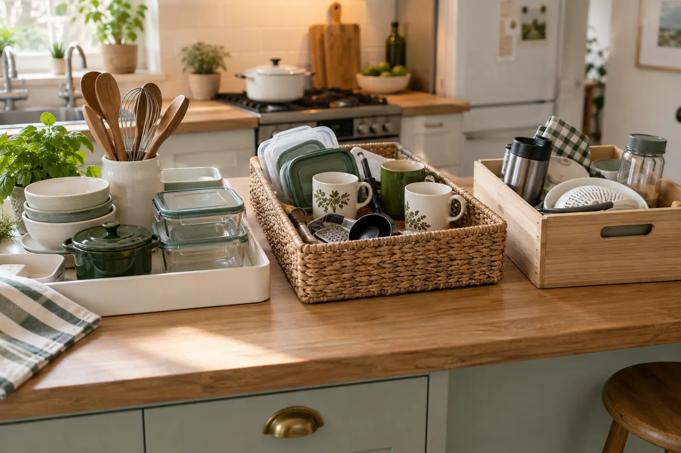 Kitchen tools and containers separated into practical sorting groups