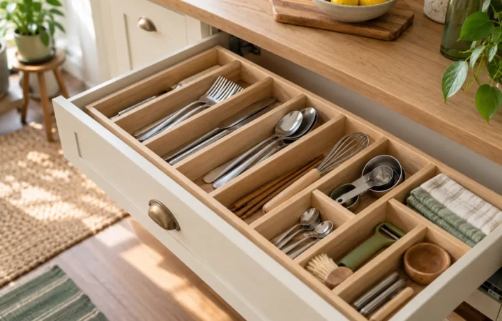 Shallow kitchen drawer organized with custom-fit light wood dividers