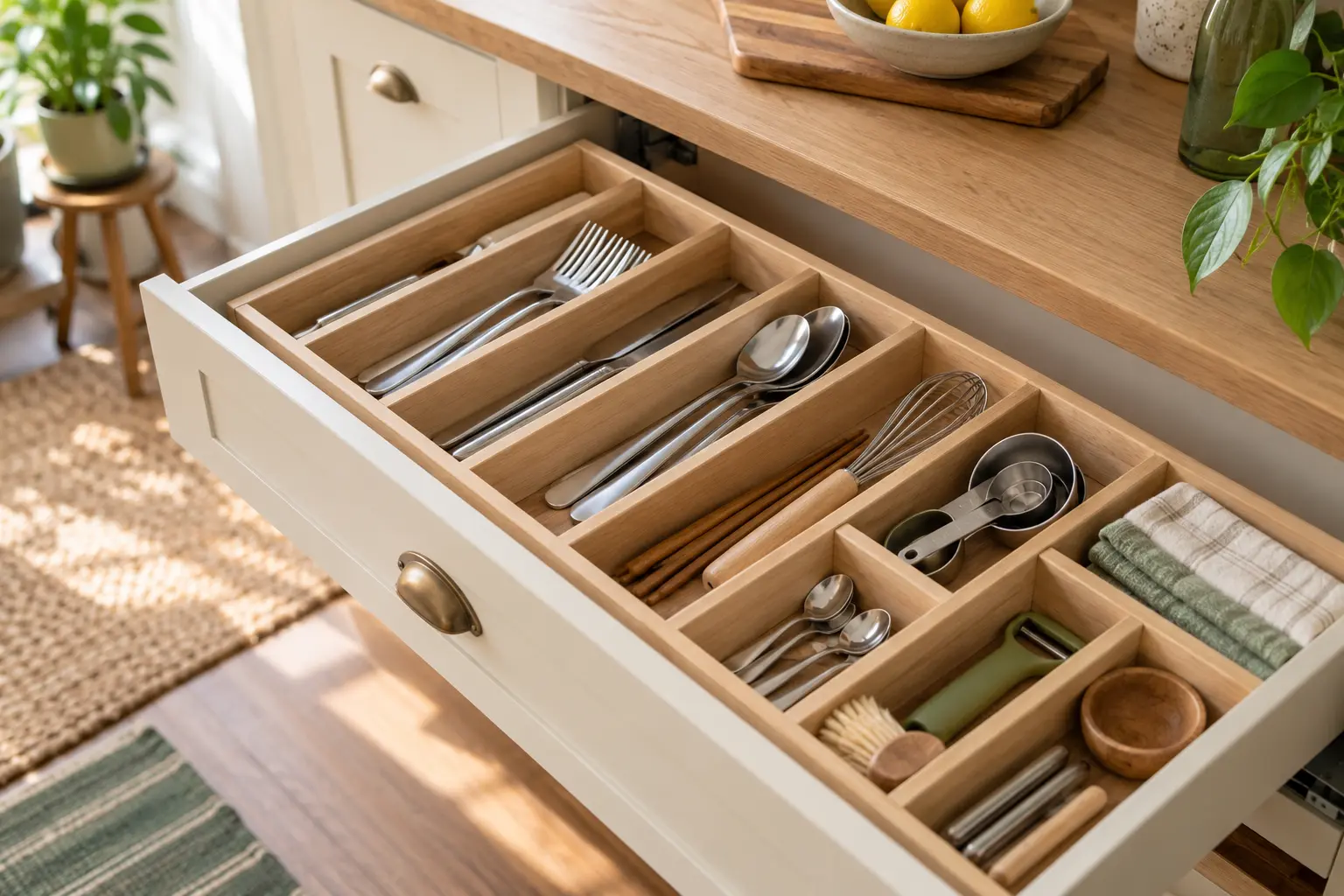 Shallow kitchen drawer organized with custom-fit light wood dividers