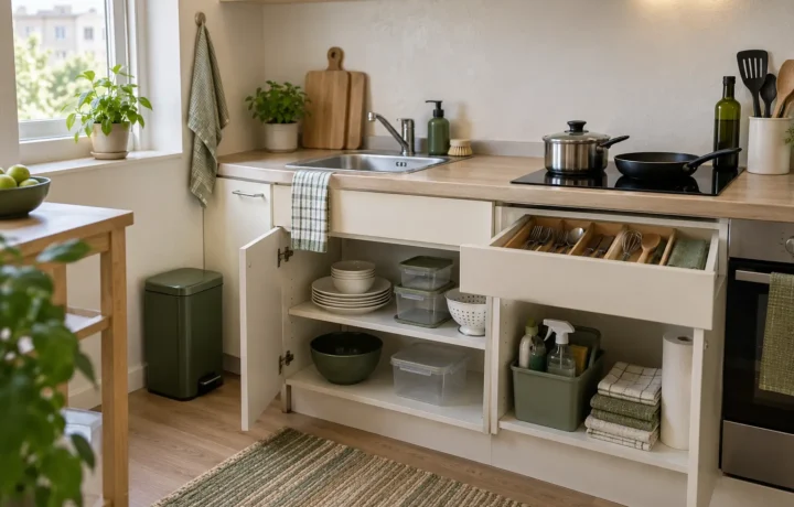 Compact apartment kitchen with a limited set of cookware dishes and tools