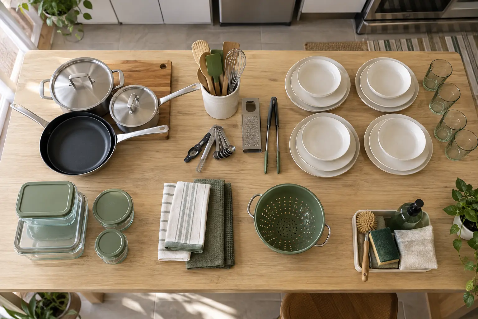 Cookware utensils dishes linens and food containers grouped on a table