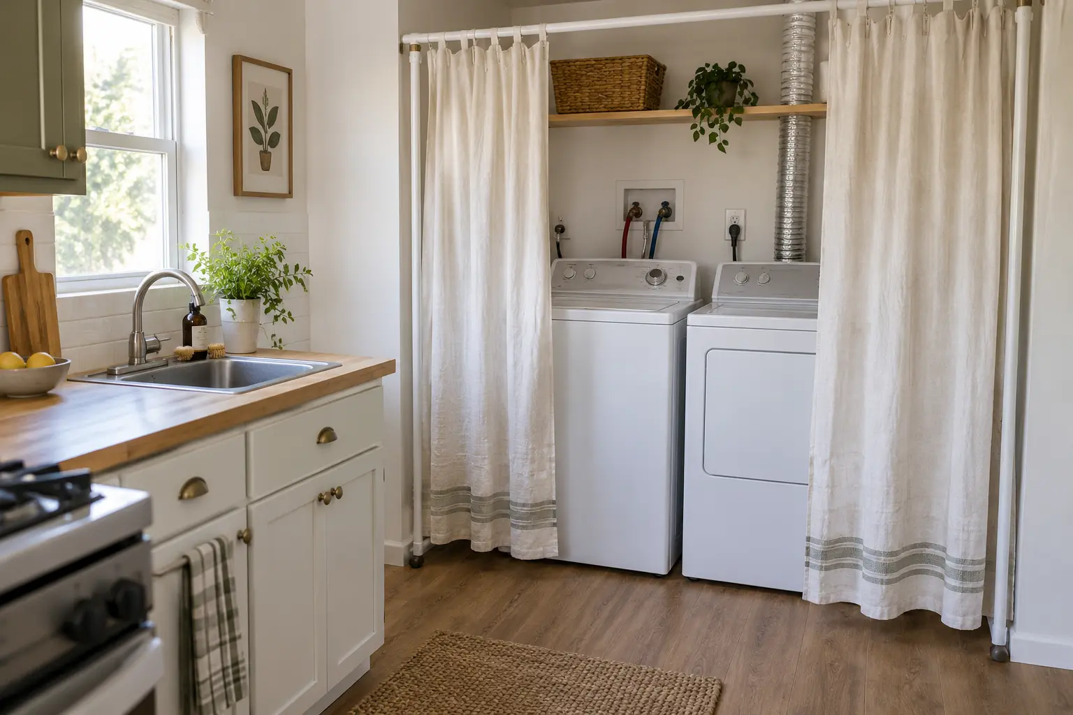Light curtain partly open in front of washer and dryer hookups in a rental kitchen
