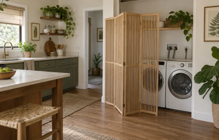 Freestanding slatted screen offset from a washer and dryer in a compact kitchen