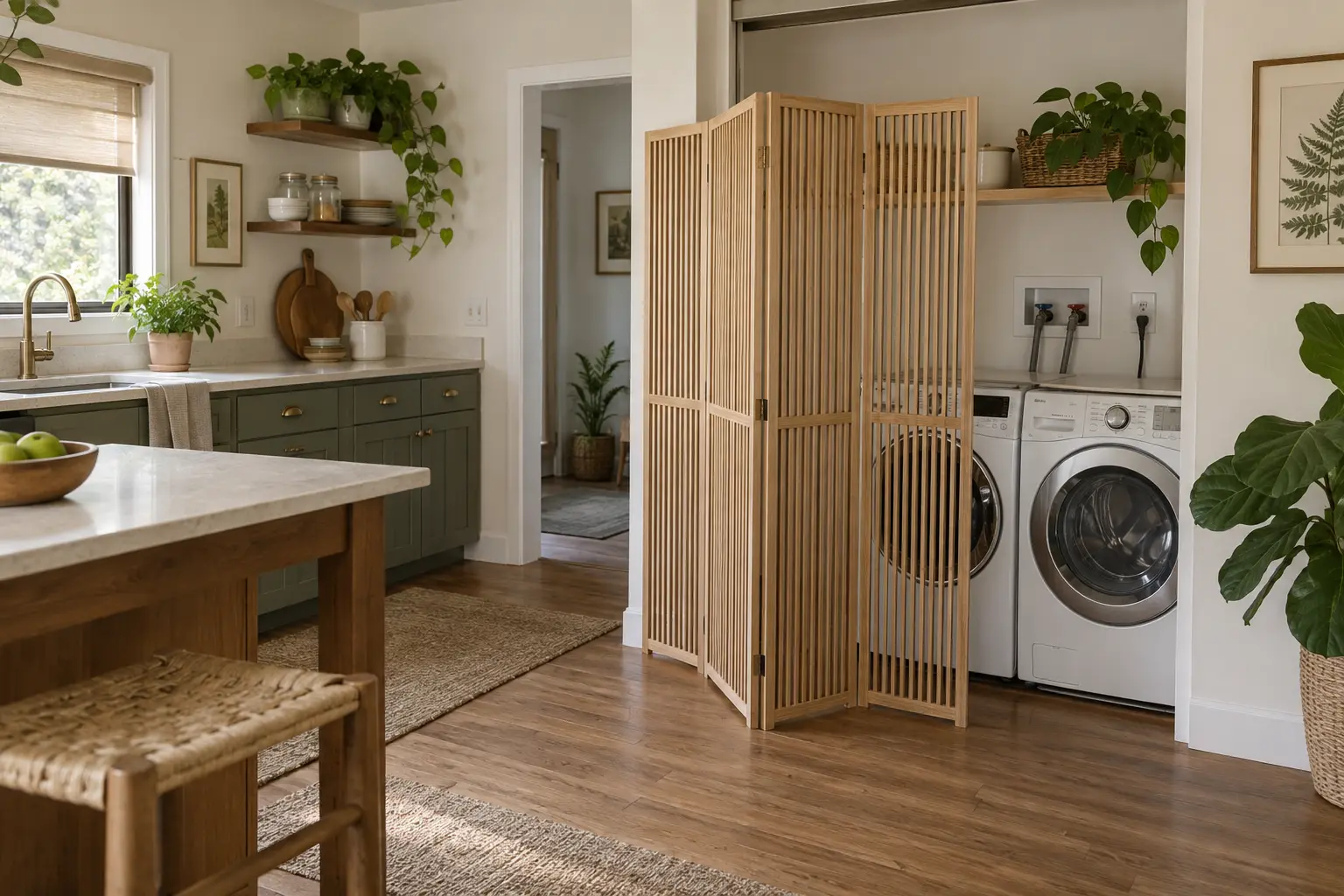 Freestanding slatted screen offset from a washer and dryer in a compact kitchen