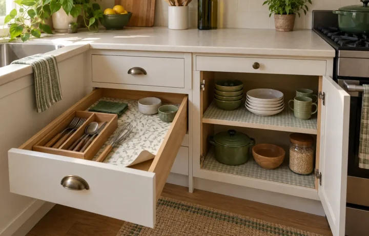 Open kitchen drawer and cabinet shelf fitted with removable neutral liners