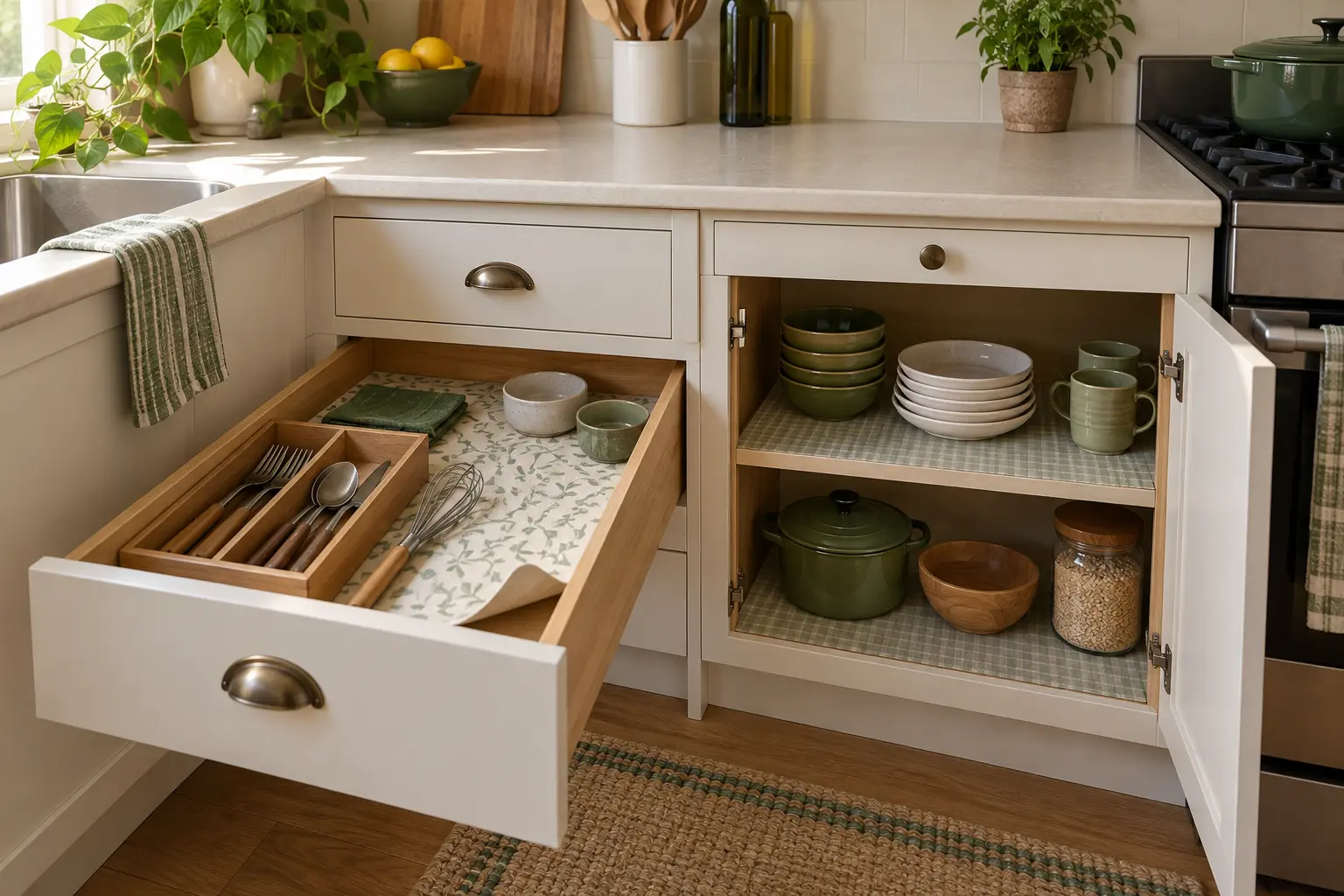 Open kitchen drawer and cabinet shelf fitted with removable neutral liners
