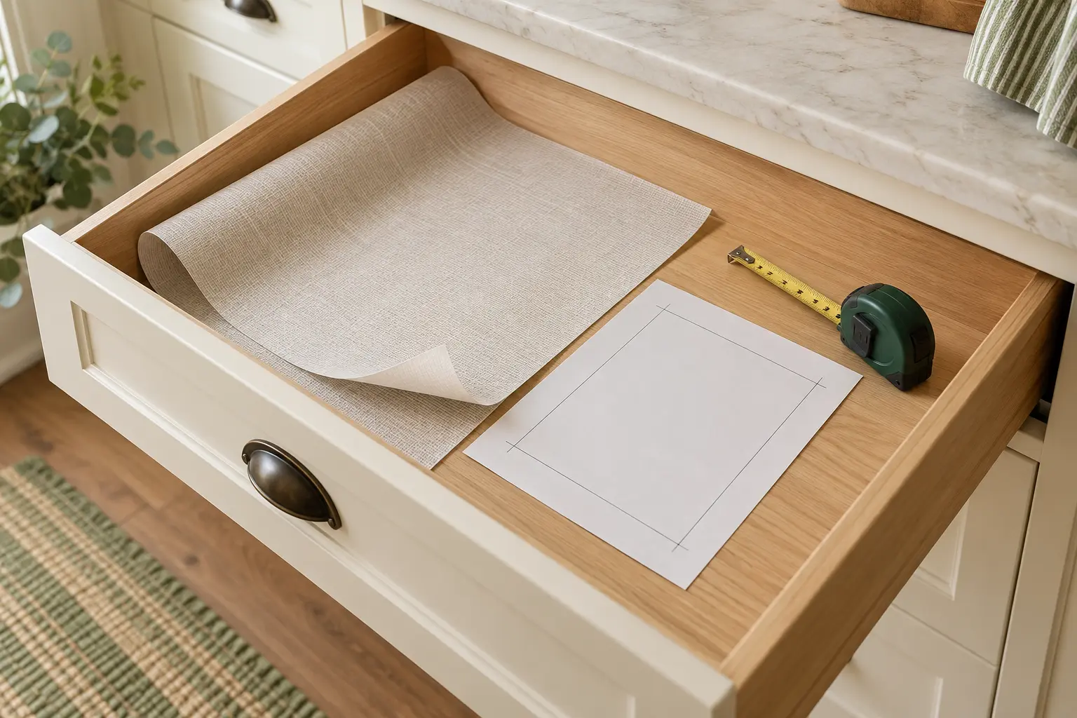 Open wood kitchen drawer with removable liner, paper template and measuring tape
