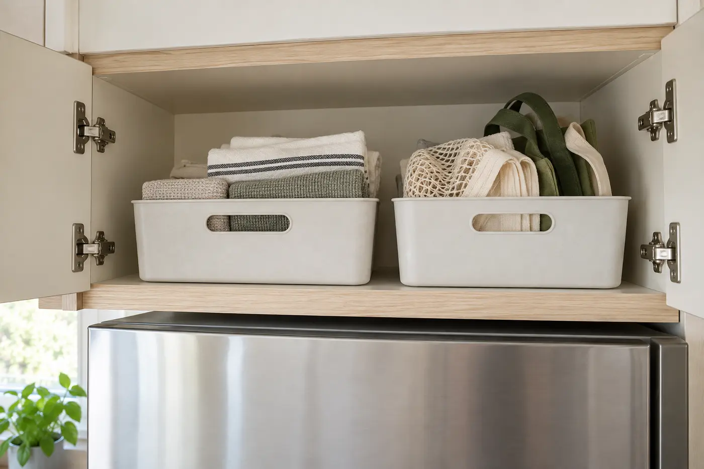 Lightweight handled bins arranged inside a shallow cabinet above a refrigerator