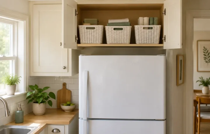 Open cabinet above a refrigerator holding lightweight labelled baskets