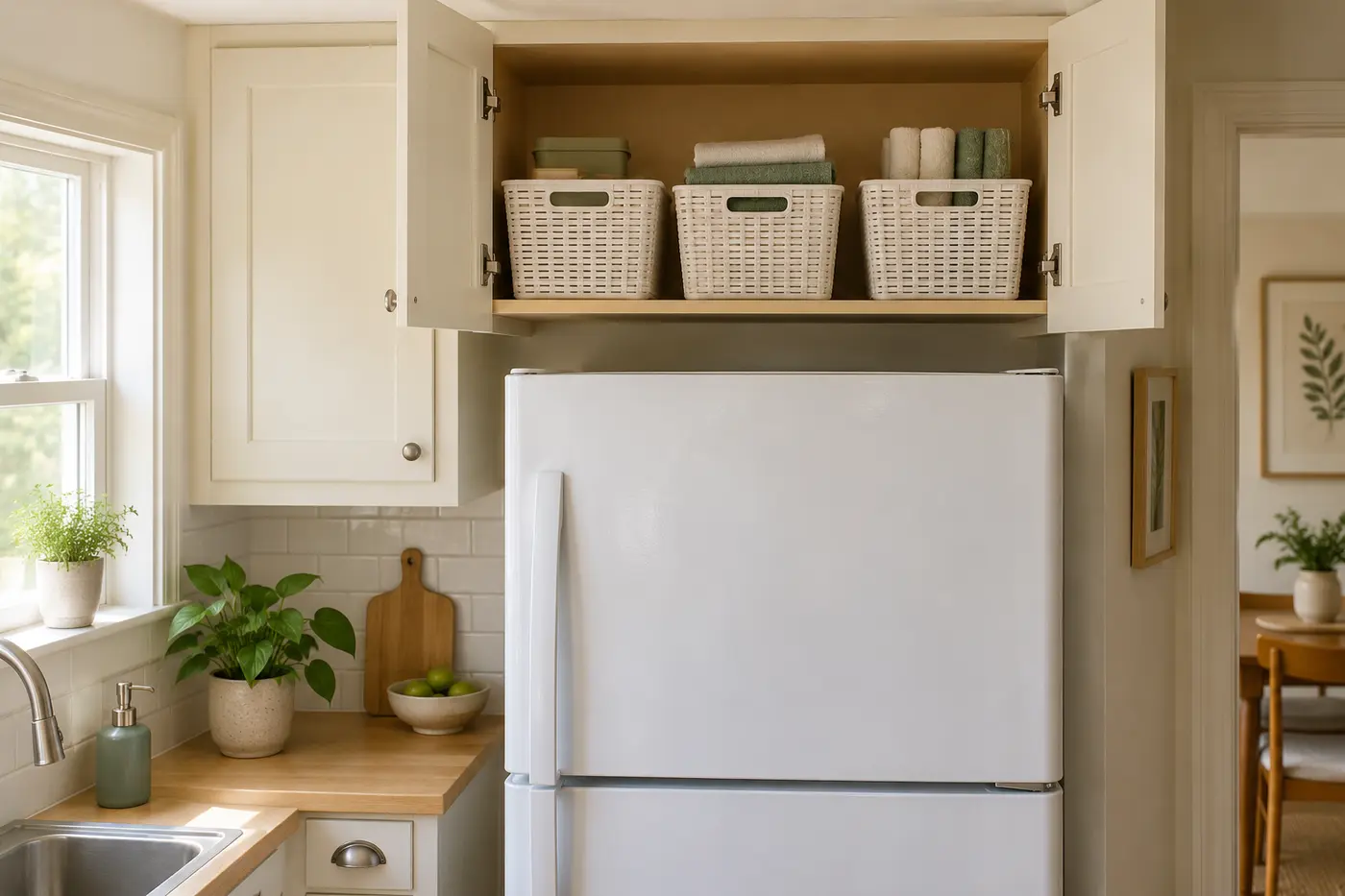 Open cabinet above a refrigerator holding lightweight labelled baskets