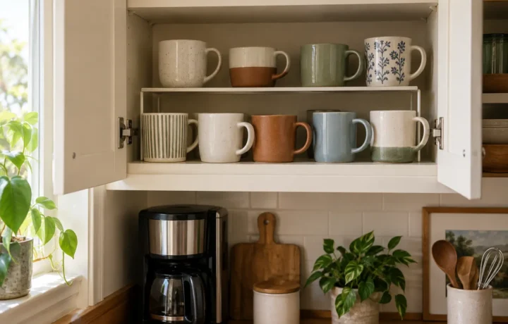 Small upper kitchen cabinet with ceramic mugs arranged on two accessible levels