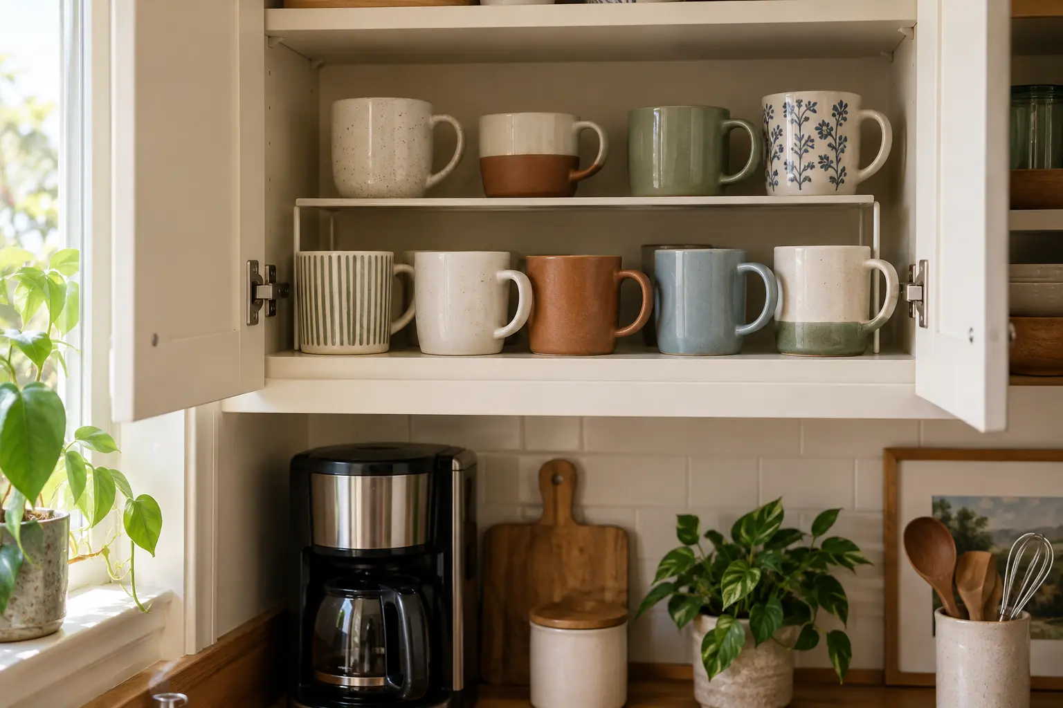 Small upper kitchen cabinet with ceramic mugs arranged on two accessible levels