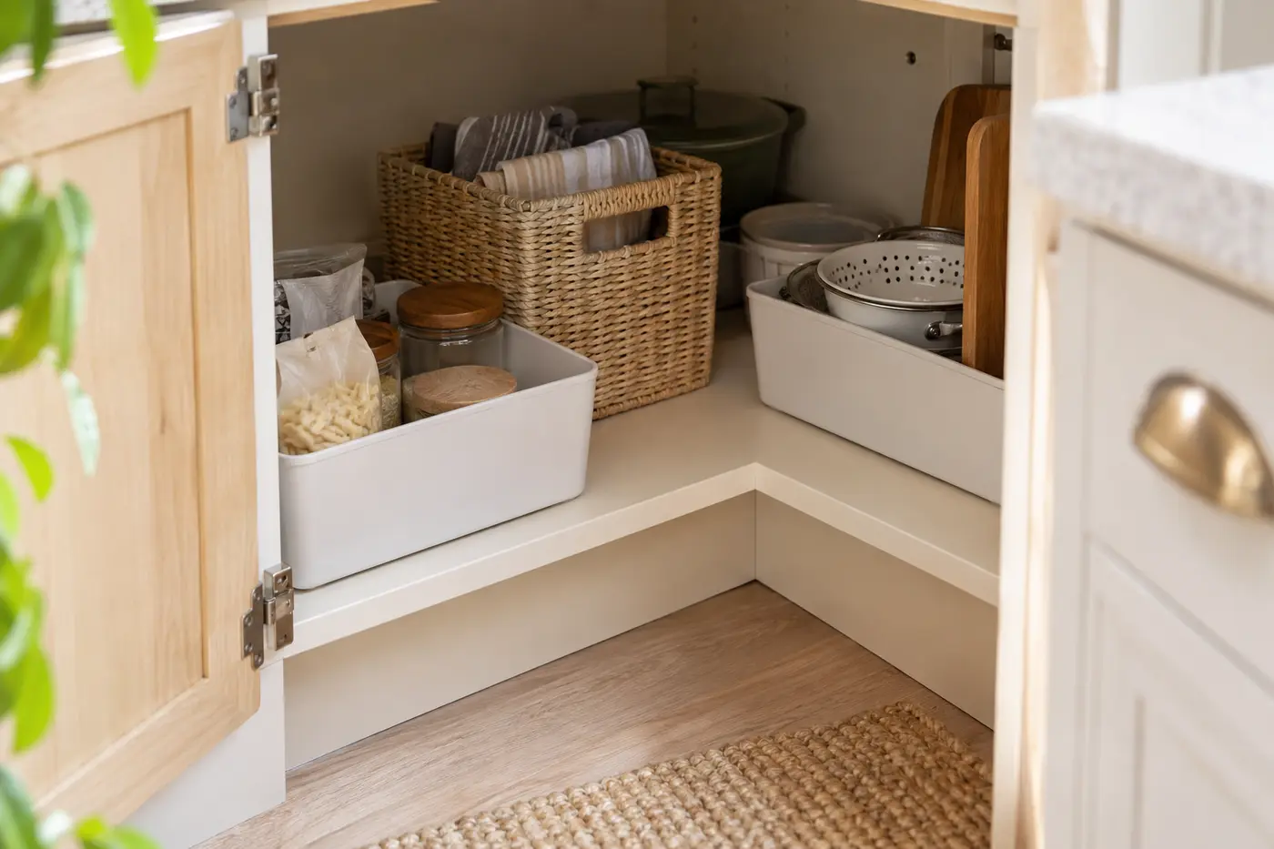 Open corner cabinet with removable bins positioned near the door opening