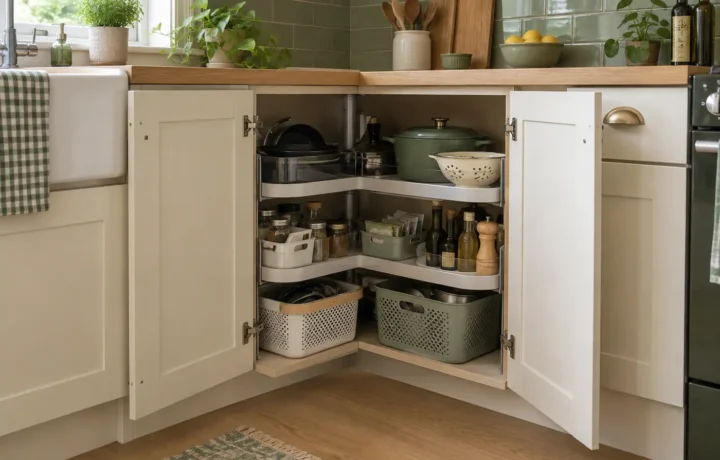 Open corner kitchen cabinet organized with trays and clearly visible groups