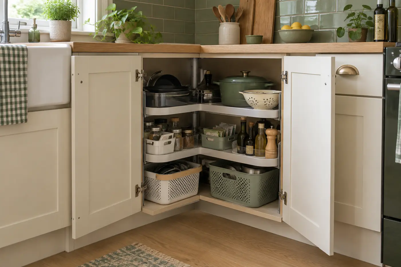 Open corner kitchen cabinet organized with trays and clearly visible groups
