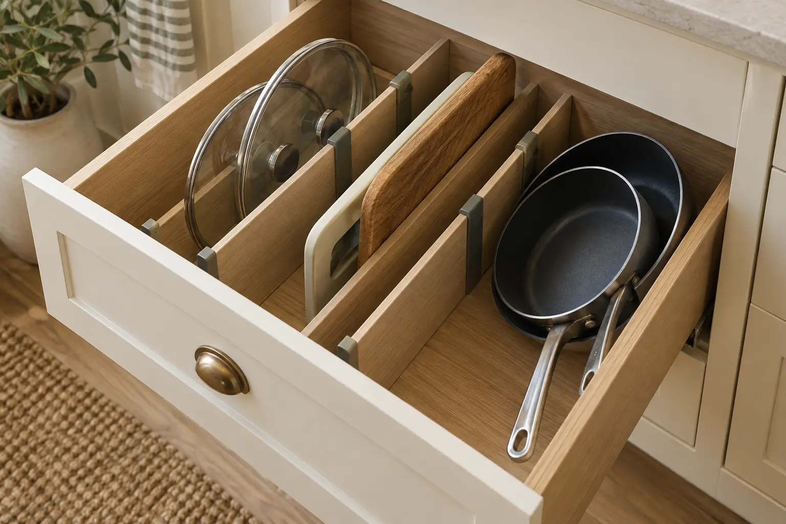 Deep drawer with removable lanes for lids boards and pans