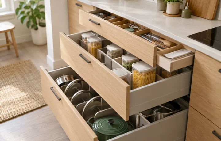 Deep kitchen drawers holding upright containers cookware and small tools