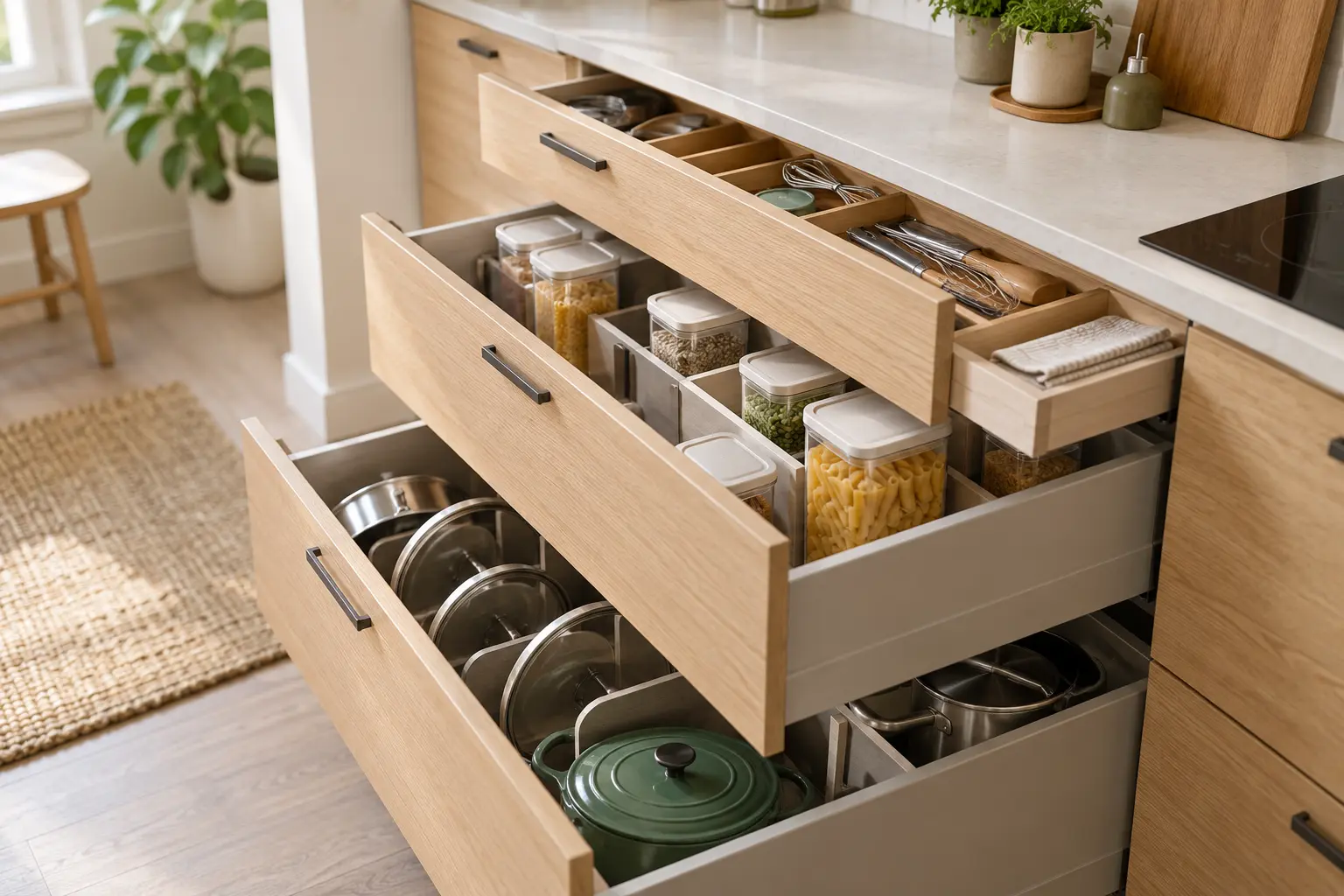 Deep kitchen drawers holding upright containers cookware and small tools