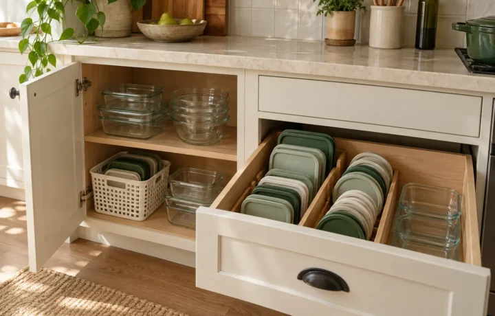 Food containers nested by shape with lids stored upright in a drawer