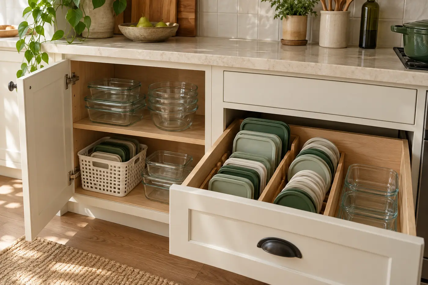 Food containers nested by shape with lids stored upright in a drawer