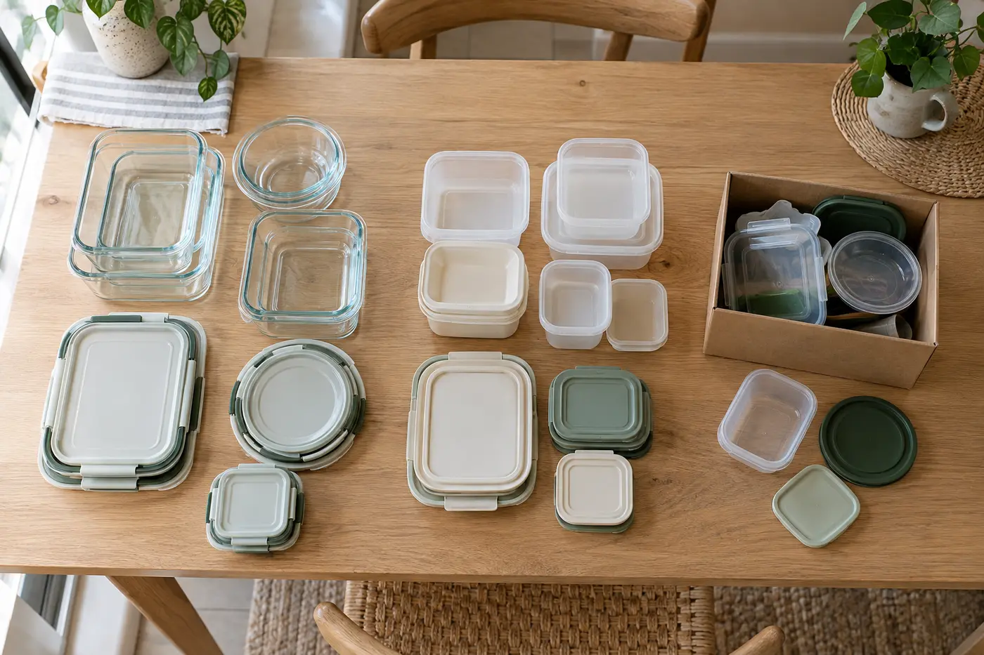 Food containers and lids sorted into matching sets on a table