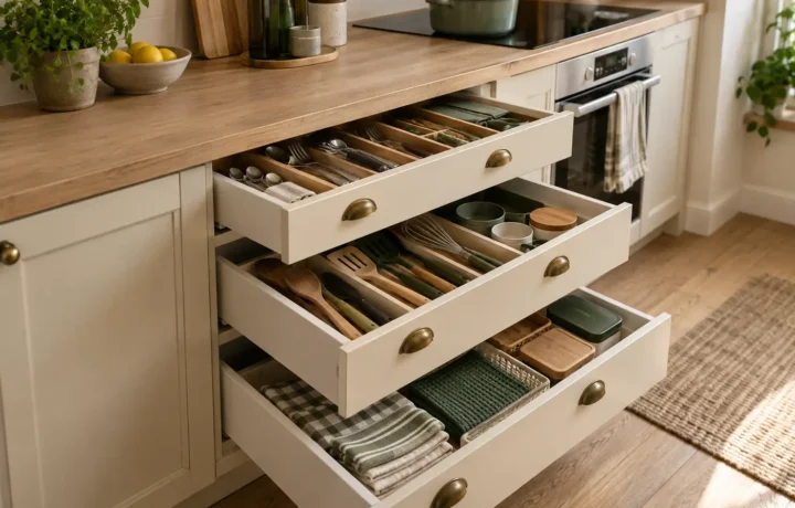 Three open kitchen drawers organized by cooking task
