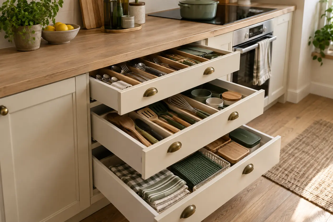 Three open kitchen drawers organized by cooking task