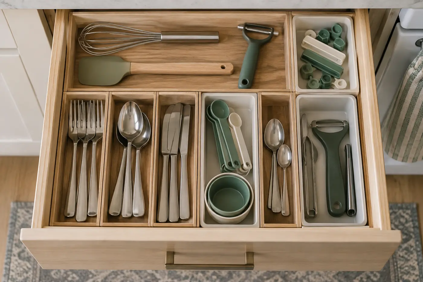 Small utensil drawer with removable dividers and practical zones