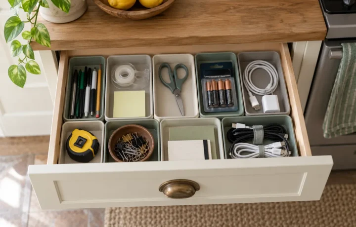 Kitchen junk drawer organized into shallow trays for stationery, cables and small household tools