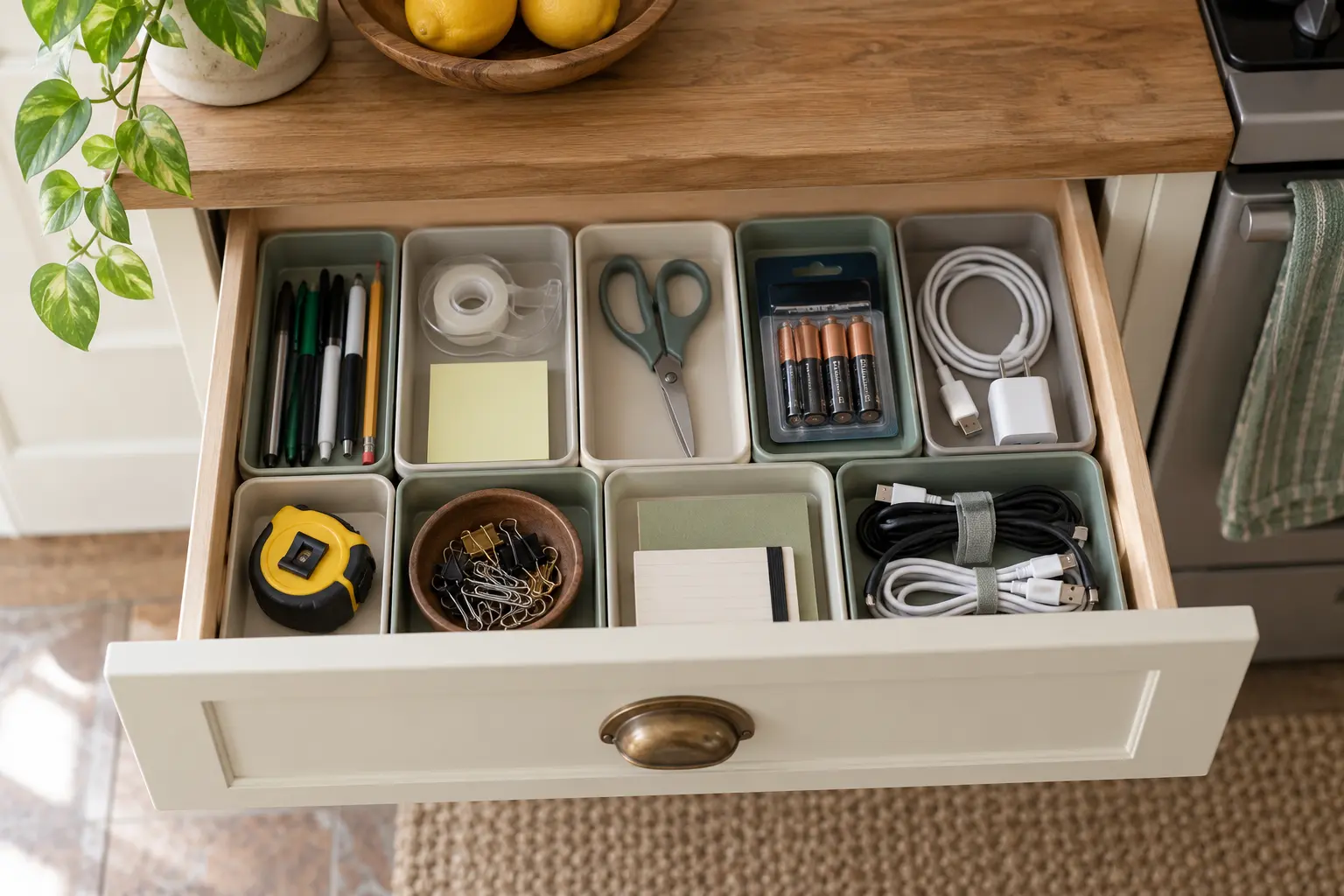 Kitchen junk drawer organized into shallow trays for stationery, cables and small household tools