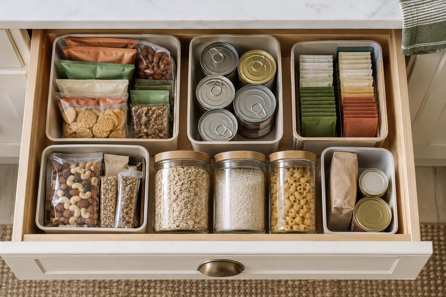 Top view of a pantry drawer with packets cans jars and snacks in separate zones