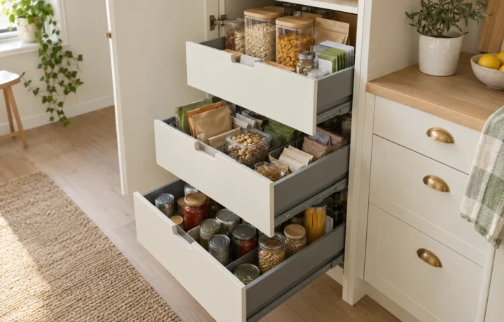 Pull-out kitchen pantry drawers organized into visible food categories