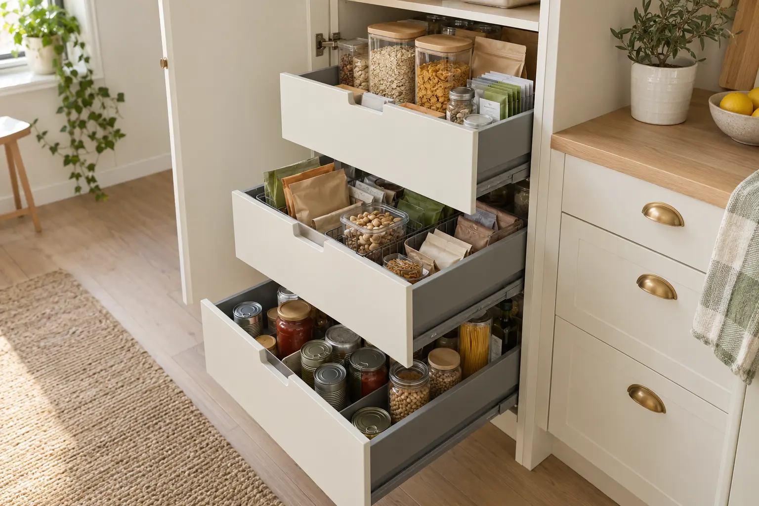 Pull-out kitchen pantry drawers organized into visible food categories