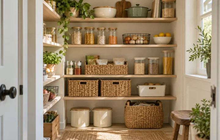 Small kitchen pantry arranged in visible food zones with baskets and jars