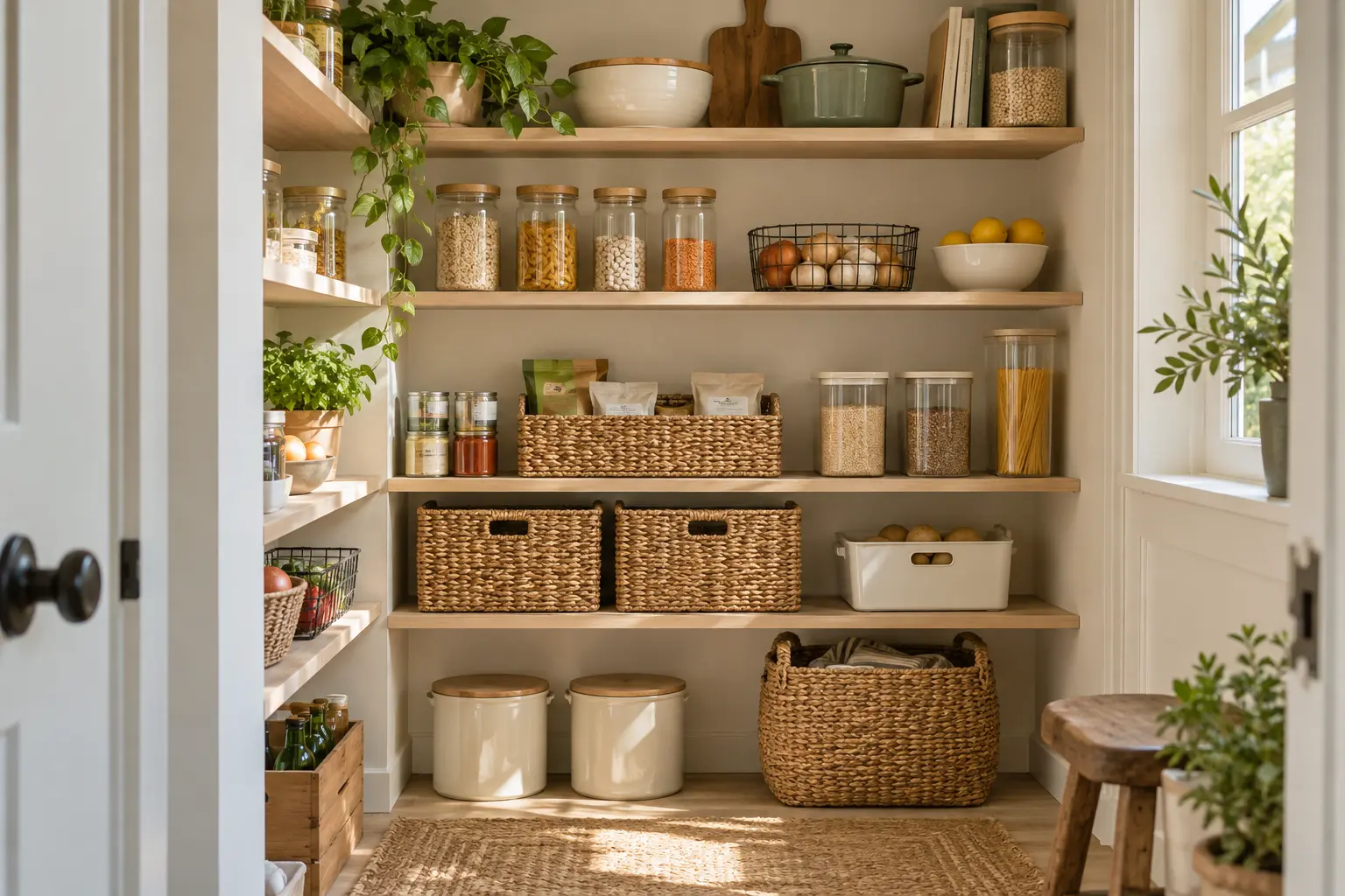 Small kitchen pantry arranged in visible food zones with baskets and jars