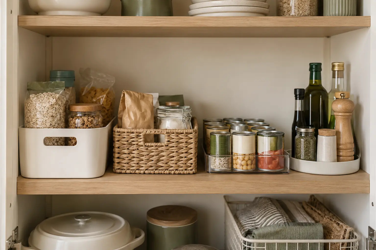 Compact pantry shelves grouped into breakfast cooking snacks and backstock zones