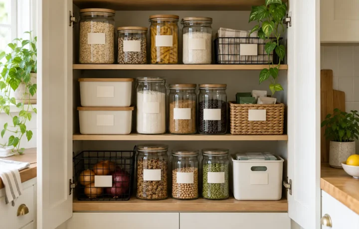 Compact pantry cabinet with clear jars, baskets and simple blank labels