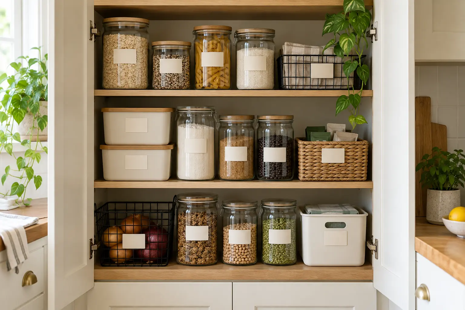 Compact pantry cabinet with clear jars, baskets and simple blank labels