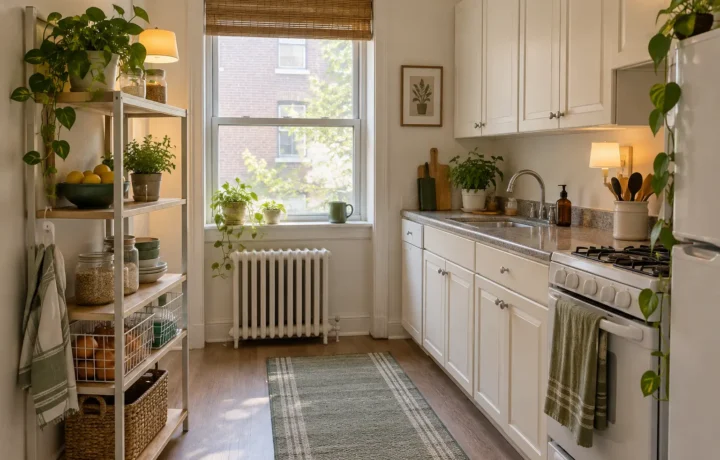 Compact rental kitchen using freestanding shelves and removable storage