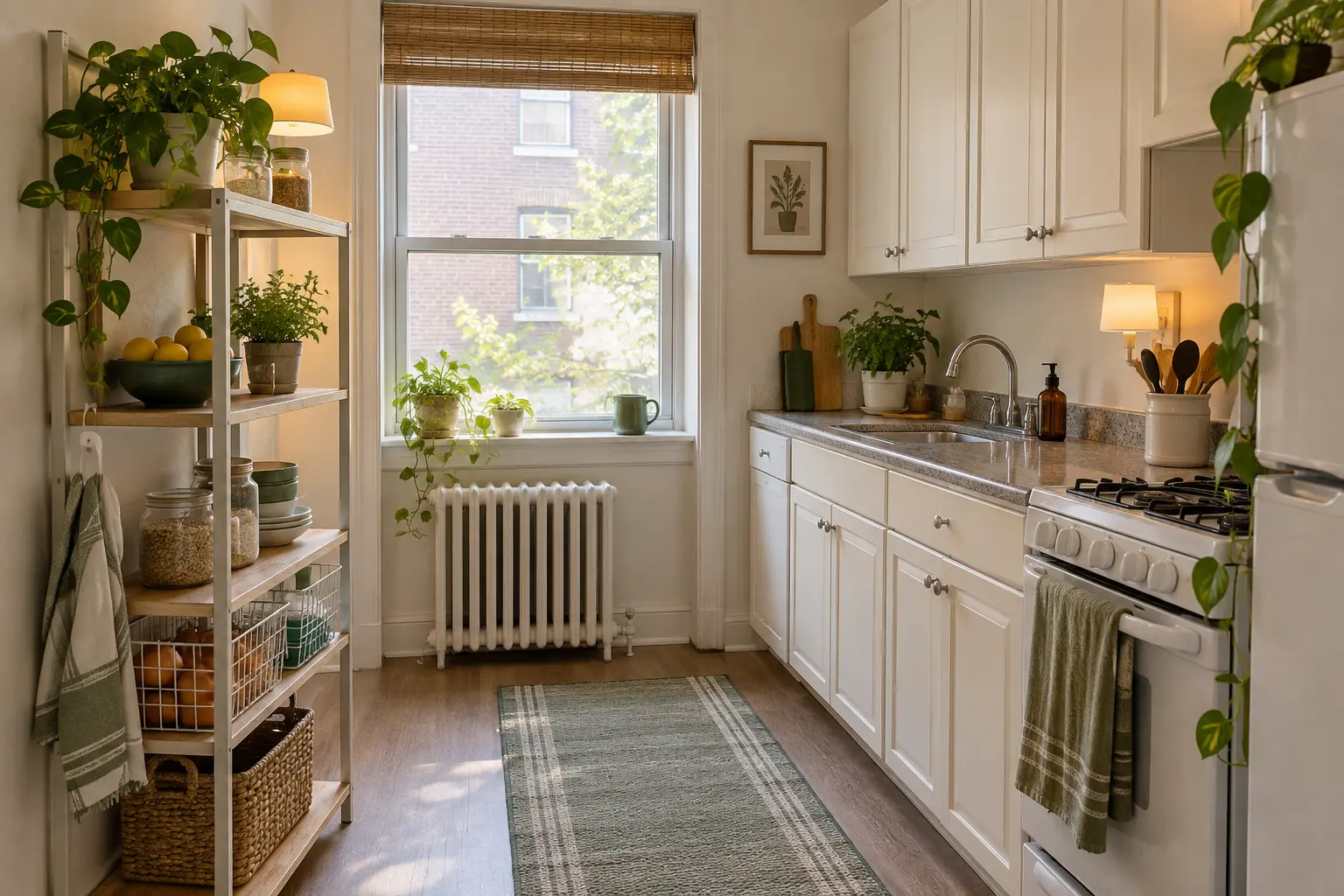 Compact rental kitchen using freestanding shelves and removable storage