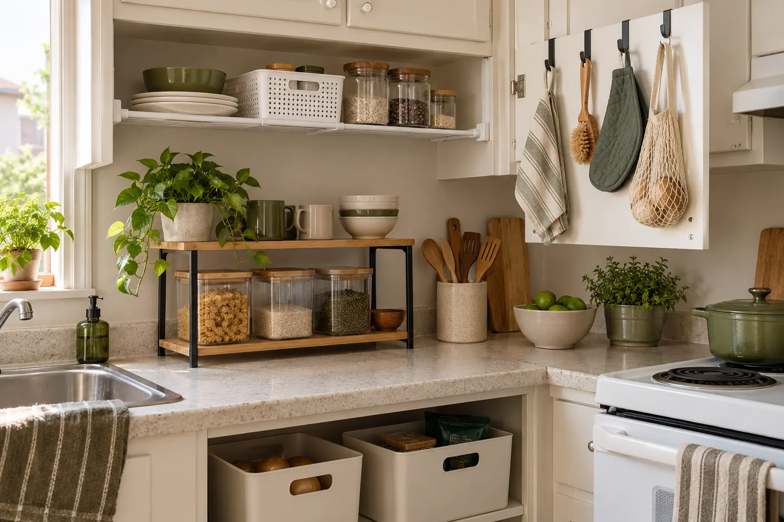 Counter riser tension shelf and over-door hooks used in a rental kitchen