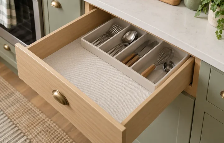 Open kitchen drawer with a neatly cut removable non-slip liner