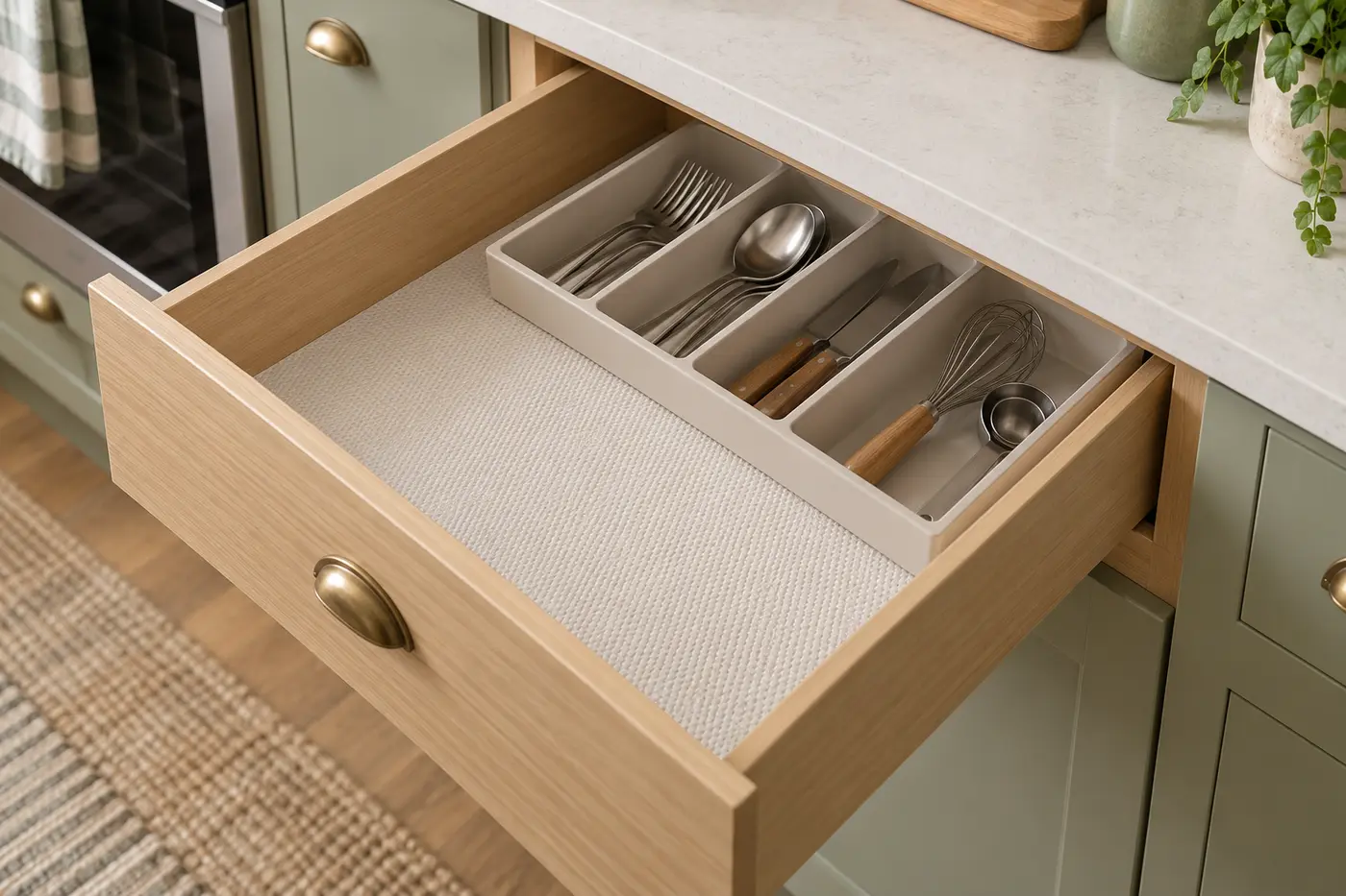 Open kitchen drawer with a neatly cut removable non-slip liner